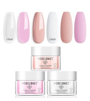 Modelones Acrylic Powder Set 3 Colors Pink Nude White for Nails Extension & Art