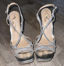 NINA Silver Metallic Strappy Heels Square Toe Chunky Heel Sandal Party 7 Prom