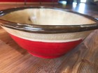 Pottery Bowl Handmade Red & Tan Signed - 9.5" diameter