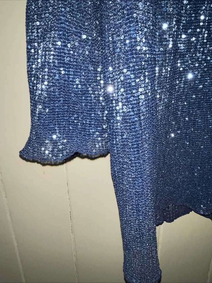 H&M Dress Size XL Womens Sequin Long Sleeve Stretch Cocktail Blue EUC Wedding - Image 3 of 4