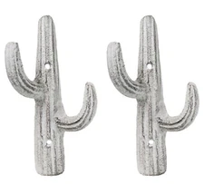 Pack of 2 Rustic Western Off White Metal Desert Saguaro Cactus 2-Pegs Wall Hooks