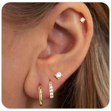 4 Pairs Gold Studs Earrings for Women, 14K Gold Plated Huggie Hoop Stack Earr...