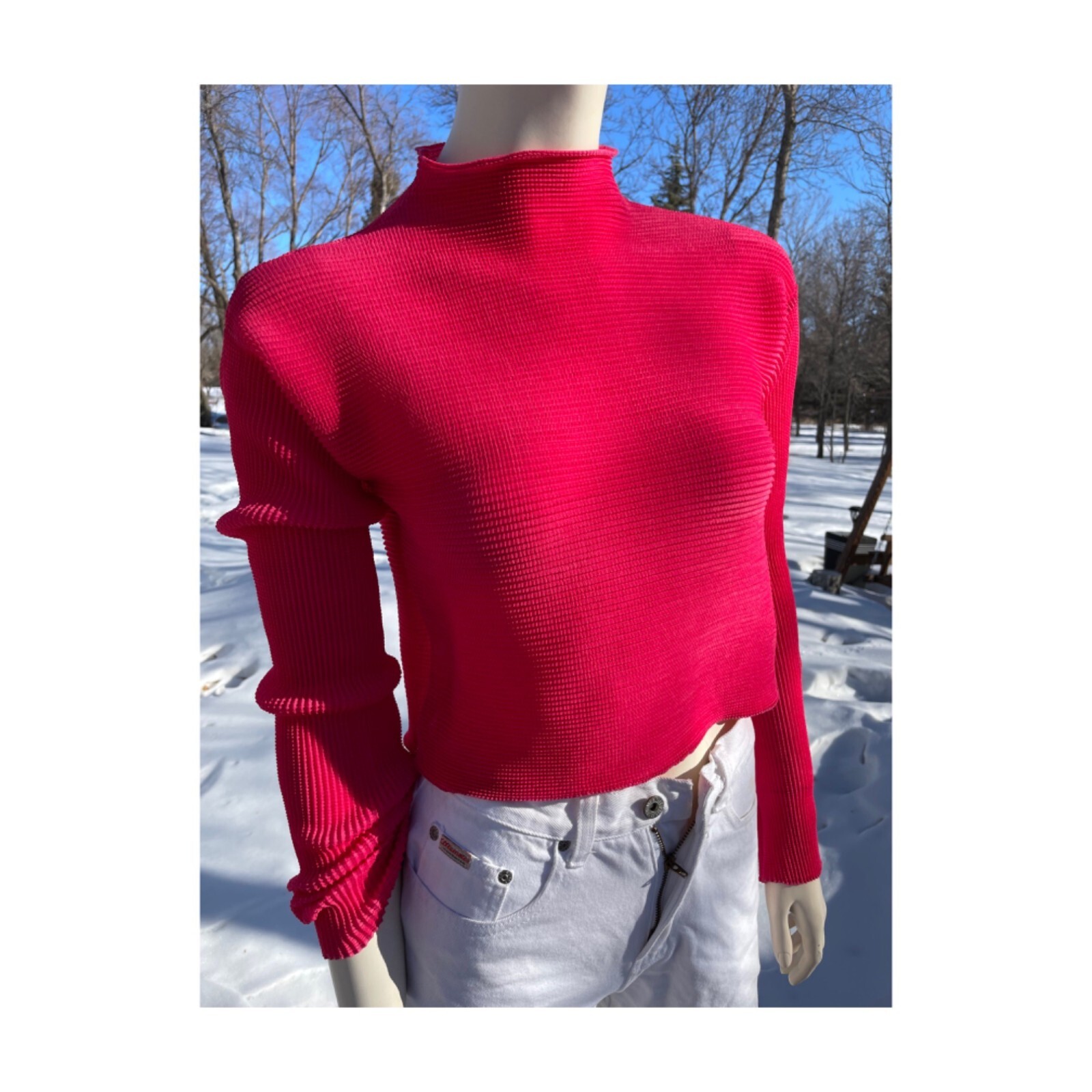 90s Holt Renfrew Crop Top Waffle Knit Red Pink Mock Neck Long Sleeve Sz L
