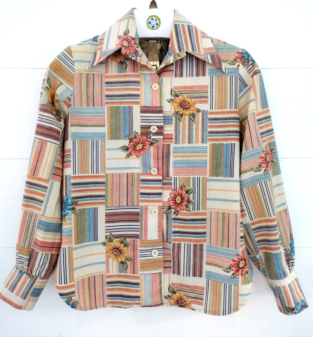 Vtg 70's Western Patchwork Dagger Collar Plaid Bu… - image 1