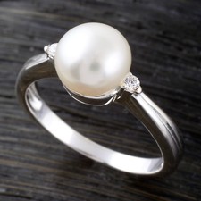 925 Sterling Silver Simple Freshwater Pearl 0.02 Carat CZ Ring Size 5-9