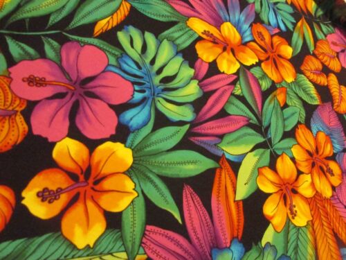Tex Styles cotton fabric tropical colorful flowers on black BTP 44W x 35L - Picture 3 of 4
