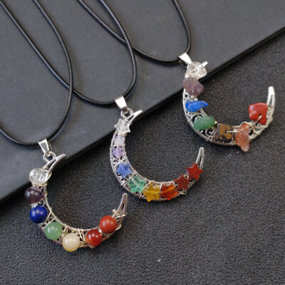 Crescent Moon 7 Chakra Gemstone Crystal Pendant Corded Necklace Jewellery