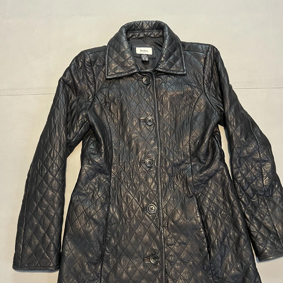 Abrigo Chaqueta NEIMAN MARCUS Acolchado Cuero Cordero Negro Trinchera Gótico Emo-M-3973 Foto 2 de 4