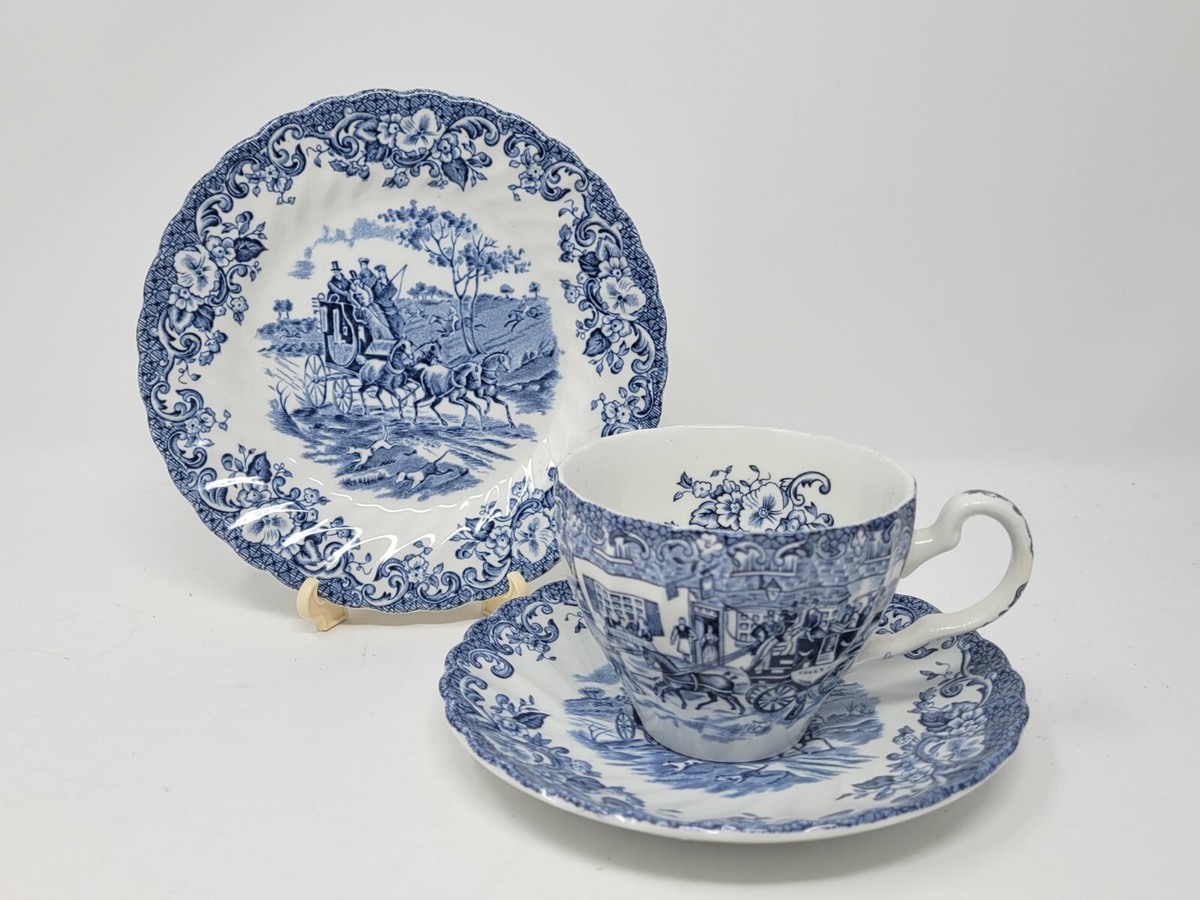 Blue Coaching Scenes Tea Cup Saucer Bread Plate Johnson Bros Ironstone