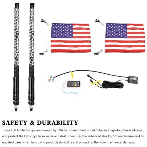 2X 2ft RGB LED APP Whip Lights Antenna W/ Flag Remote Control Polaris UTV ATV E1 - Picture 5 of 8