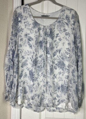 Elena Baldi Women s Silk White Blue Floral L/S Blouse Sz 1x Sheer Romantic Shirt