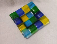 Square Colored Bubble Glass Ashtray Blue Yellow Green 4-3/8" x 4-3/8" Tobacciana