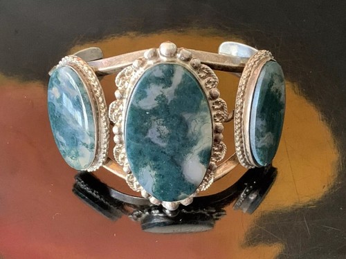 Vintage Native American Moss Agate Sterling Silver Bracelet Cuff Hand-Forged - Picture 2 of 12