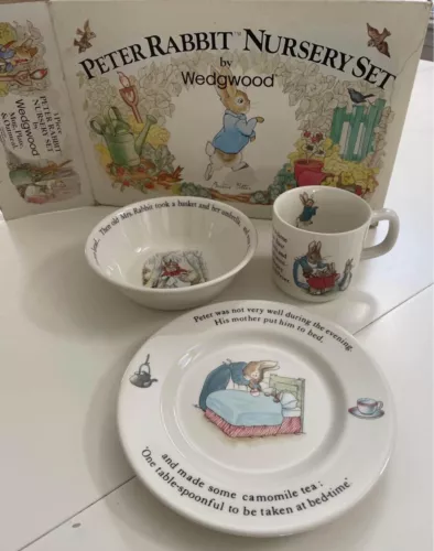 Vintage Peter Rabbit 3 Piece Nursery Set Wedgwood Mug, Plate & Bowl New in Box