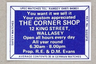 Matchbox Label Upec Corner Shop King Street Wallasey Wirral Merseyside MR054