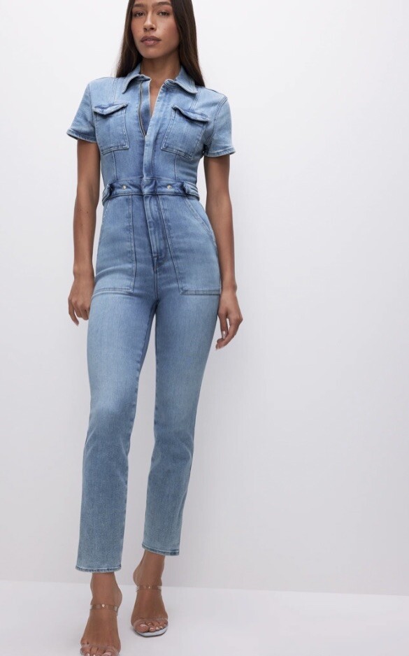 GOOD AMERICAN Fit For Success Bootcut Jumpsuit Blue Denim Size