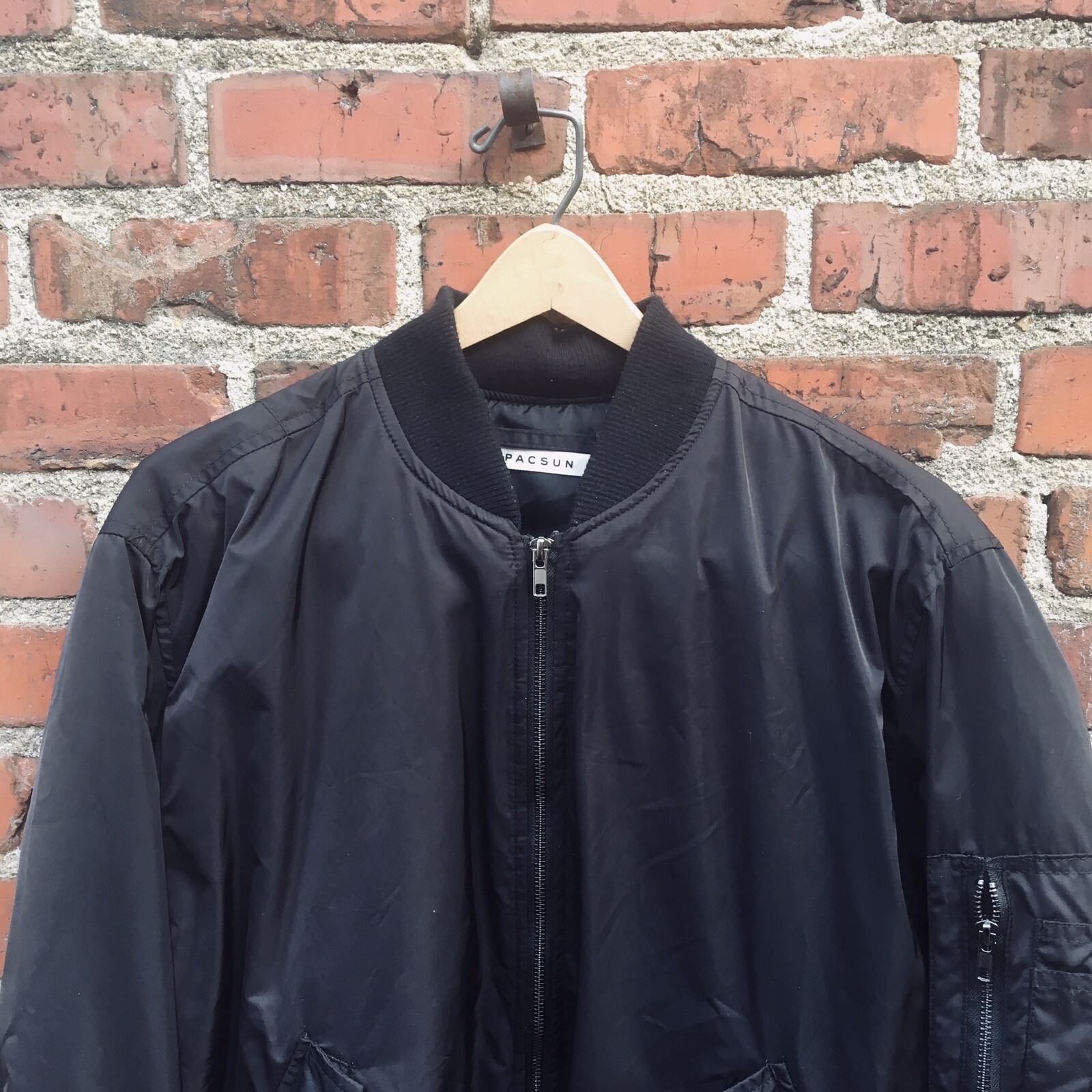 Pacsun Bomber Jacket Black / Black Lined Mens L Large Sleeve Zip Pocket