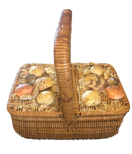 Vintage Seashell Wicker Beach Theme Picnic Basket, Purse, Sewing, 8.5x4.5 Rare - 第 1/14 張圖片