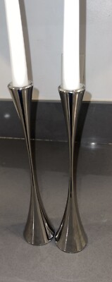 ROBERT WELCH Crate & Barrel 14'' Stainless Steel Candle Holders Set of 2  