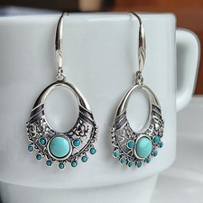 925 Sterling Silver Natural 5mm Turquoise Dangle/Drop Hoop 1.5'' Earrings