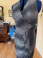 David Meister Metallic Grey/Black Surplice Dress with Brooch Sz 10 Get Noticed 