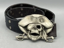 Solid Fine Pewter Pirate Skull Belt Buck & Wide Black Leather Belt Metal Studs