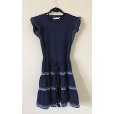 Tory Burch Caterina Navy Tiered Ruffle Embroidered Preppy Cotton Dress XS