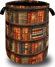 Retro Wooden Bookshelf Pattern Laundry Hamper Books Laundry Basket with Handles 