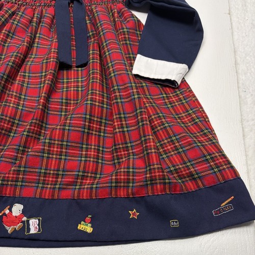 BT KIDS Girls Size 5 Dress Red Apple Plaid Back To School Days Smocked Blue Bow - Picture 6 of 14