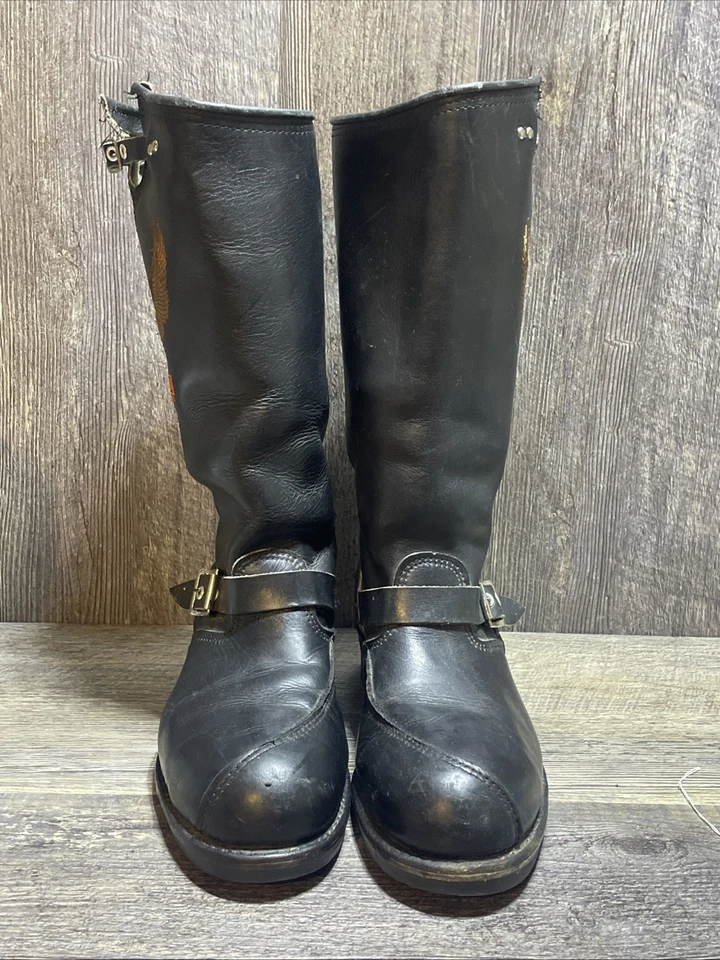 Vtg Embroidered Eagle Logo 1980s Leather Harley Davidson Motorcycle Boots Sz 9.5 - Image 2 of 4
