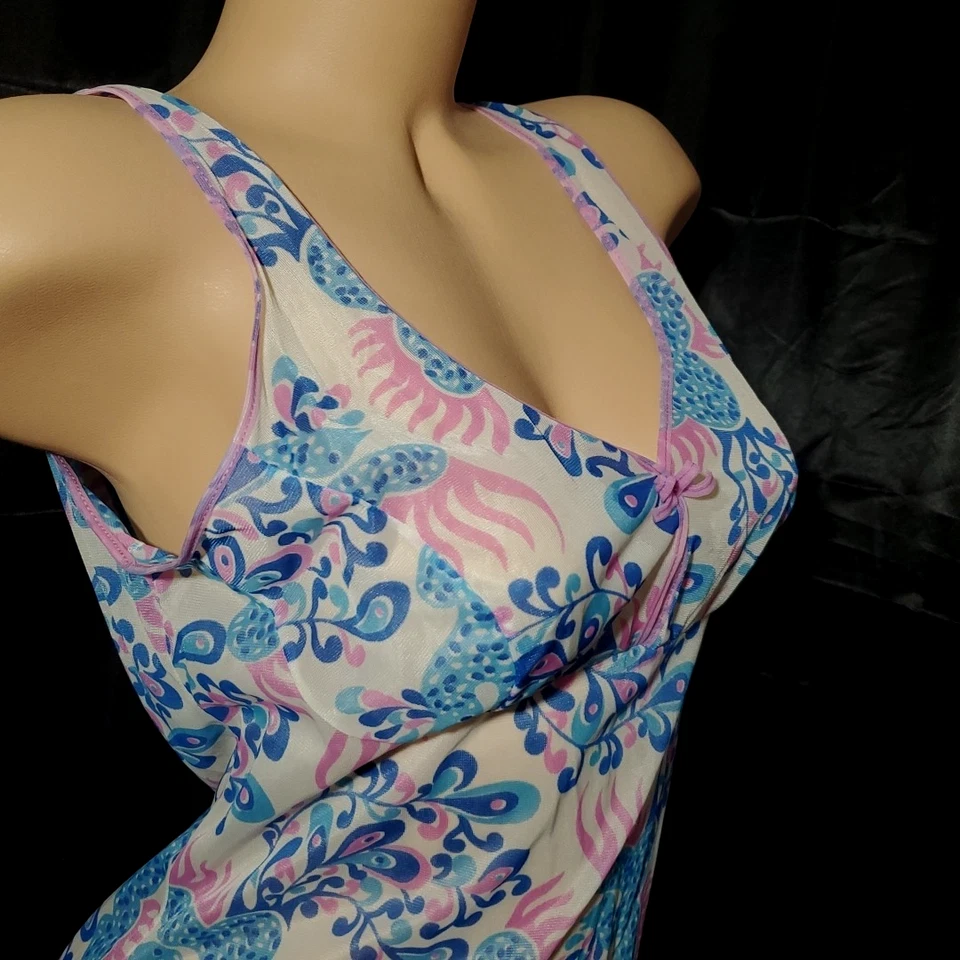 Camisón Babydoll Vintage Años 60 70 Vestido sin Mangas AZUL Y ROSA FLORAL Sedoso GRANDE Foto 2 de 4