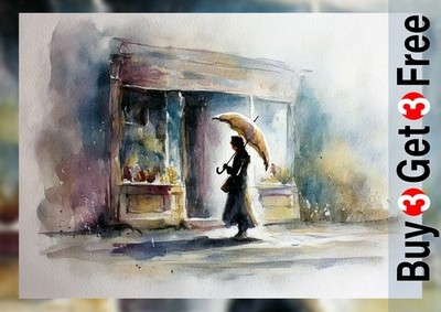 Rainy Street Reflexion 5''x7'' Druck auf mattem Papier | Aquarellkunst