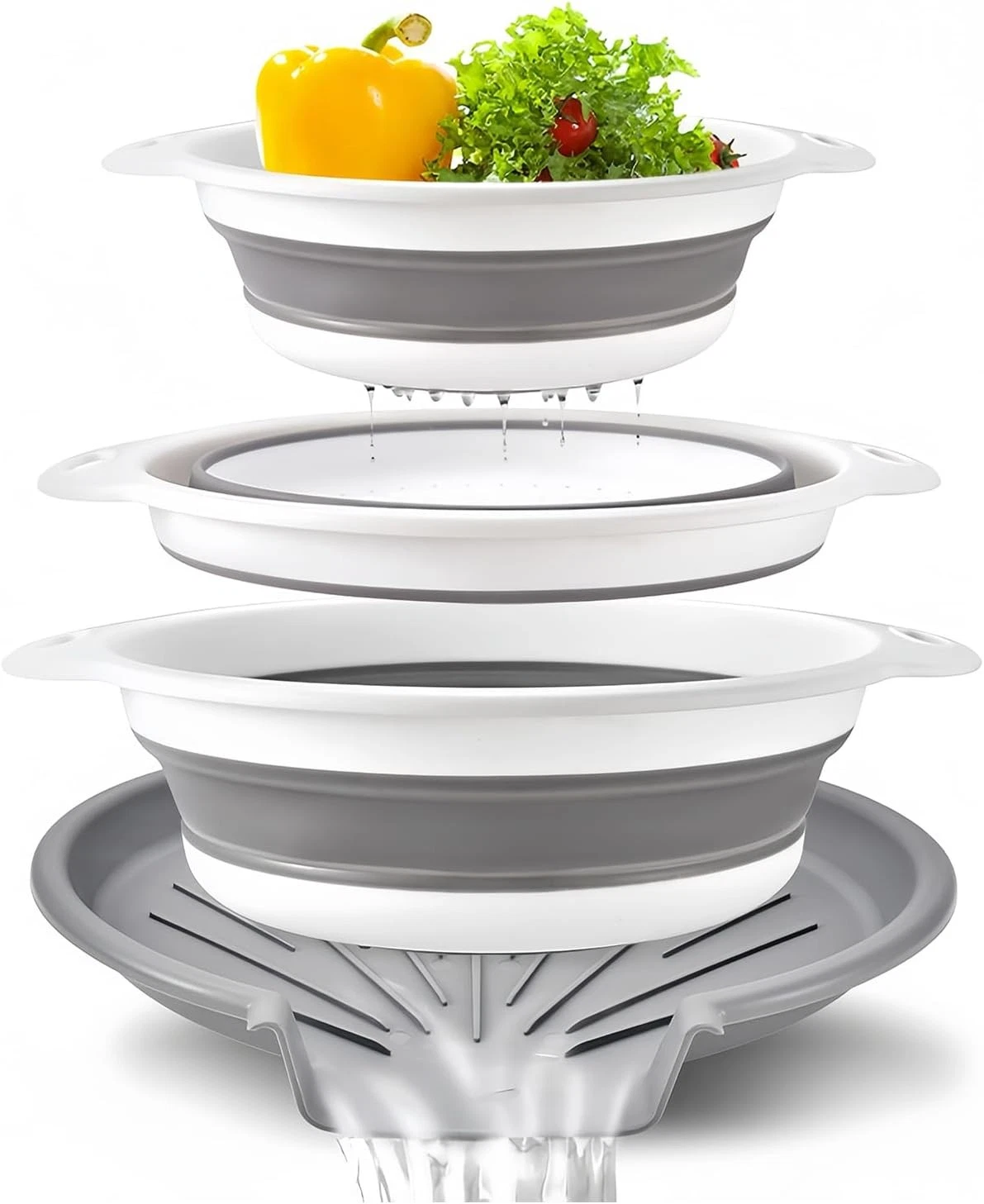 Collapsible Colanders Food Strainers 3-Pack Foldable Kitchen Strainers W/ Tray