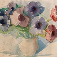 Floral Still Life Vase Flowers Unknown Signed Unique Watercolor 1964