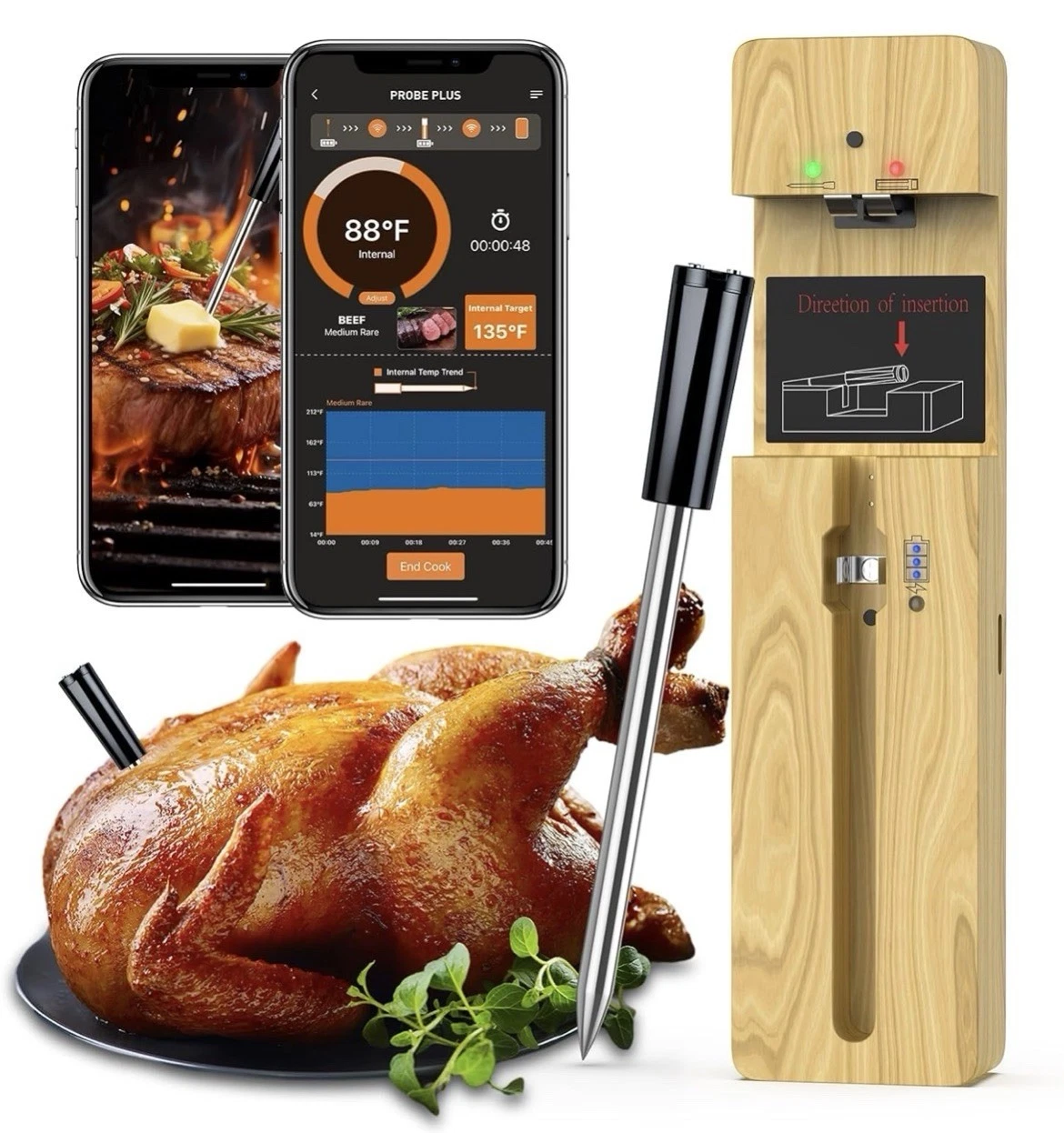 MOGUNDAM Wireless Meat Thermometer Bluetooth Digital BBQ Grill App 600ft Range