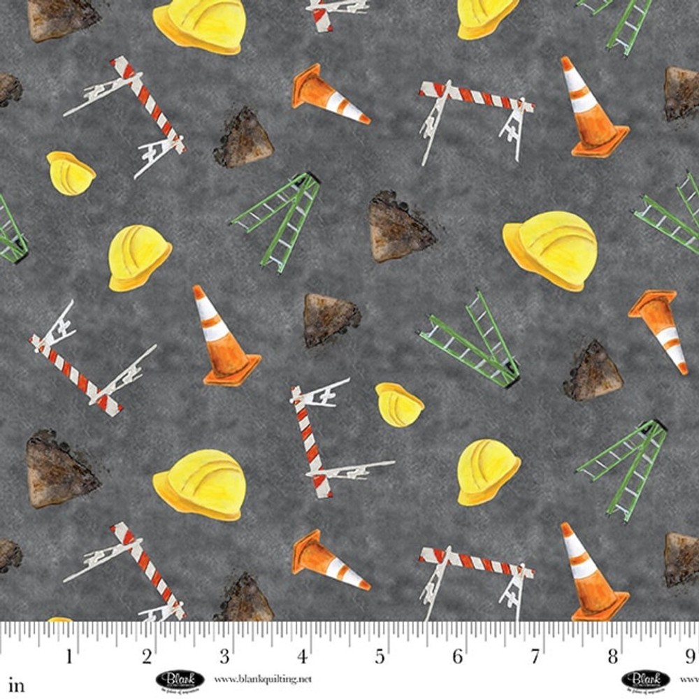 Let's Get Building Construction Hat, Traffic Cones, Ladders Cotton Fabric