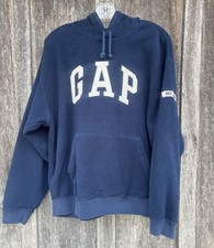 Vintage Gap Fuzzy Fleece Hoodie Embroidered Spell Out Logo Navy Blue Adult Small