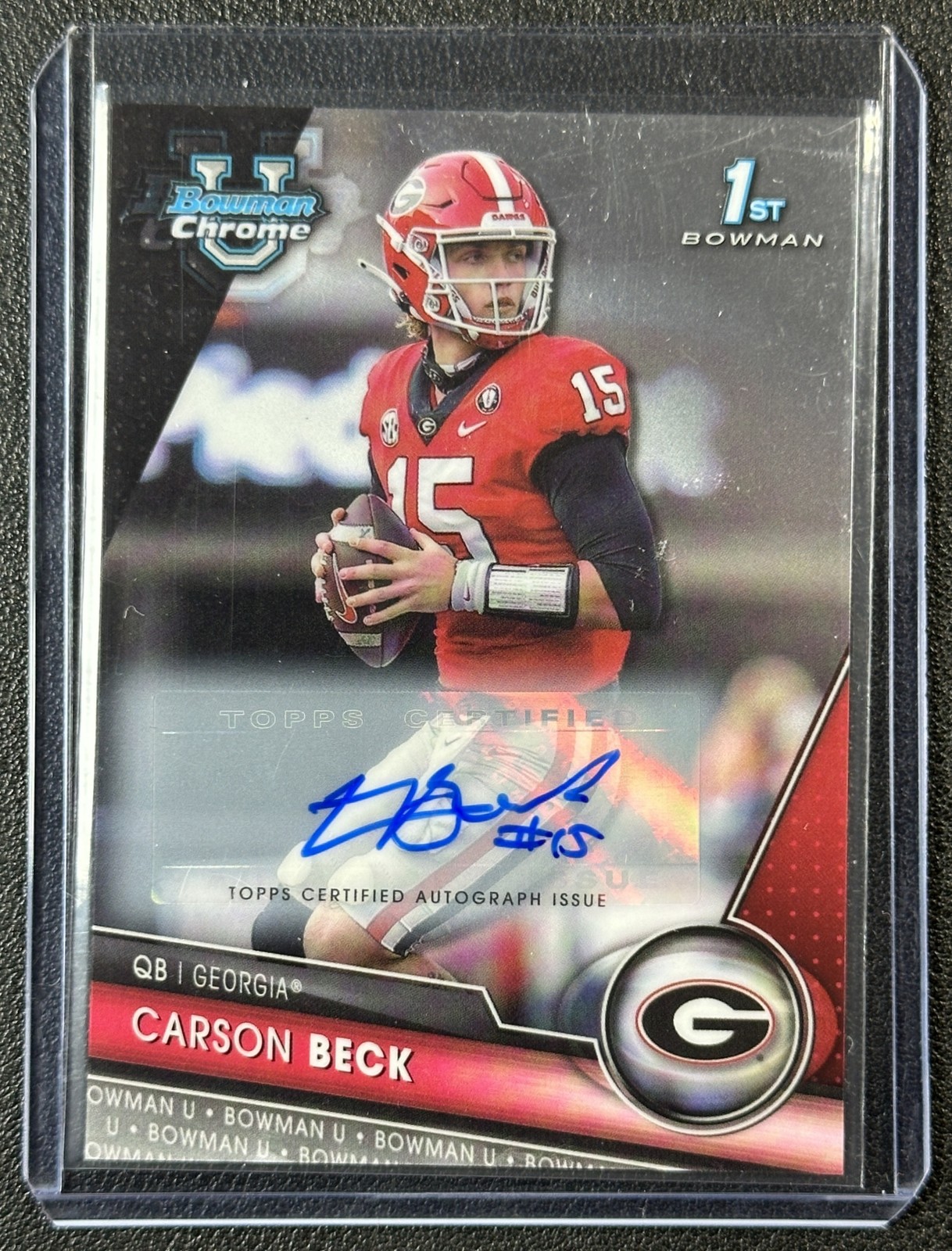 CARSON BECK 2023 BOWMAN UNIVERSITY U CHROME #44 1ST PROSPECT AUTO BULLDOGS