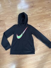 Nike Dri-Fit Hooded Full Zip Polyester Jacket, Girl s Lg, Black Neon Nike Swoosh