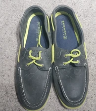 Sperry Top Sider Leeward 2 eye Boat Shoes Men's 11M Grey Leather Neon Green