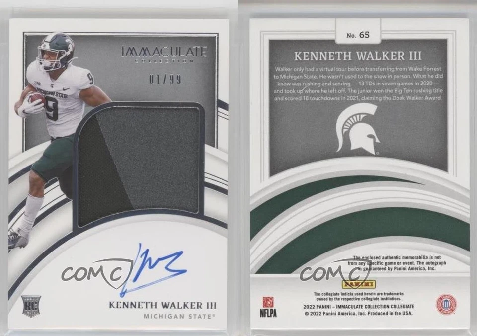 2022 Immaculate Collegiate 1/99 Kenneth Walker III #65 RPA Rookie Patch Auto RC - Image 3 of 3