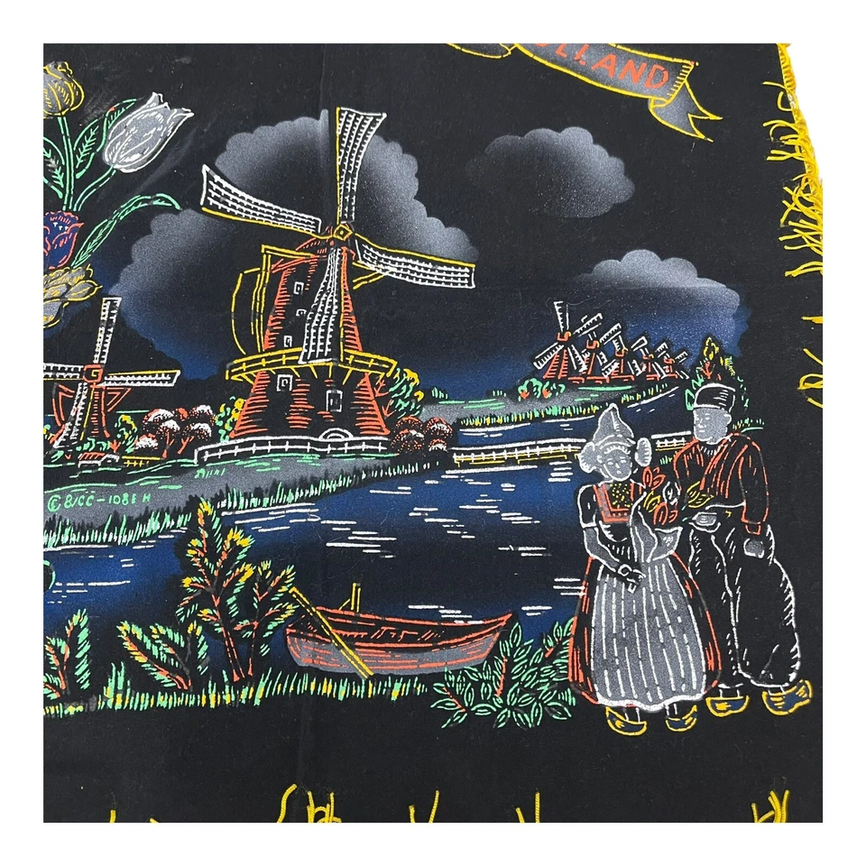Set Of 2 Black Velvet Pillow Black Holland Vintage Souvenir Windmill Fringed 17" - Image 3 of 4