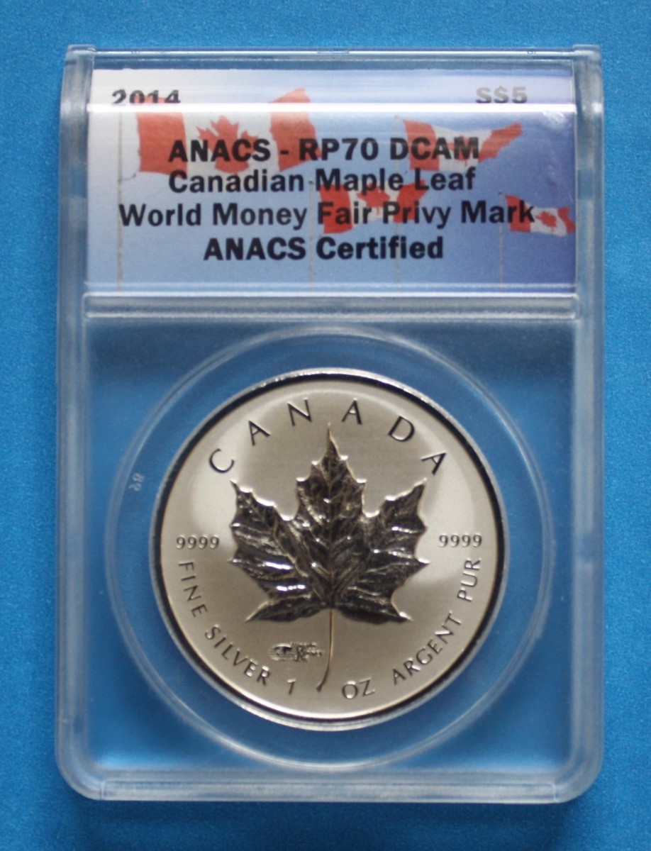 2014 $5 Canadian Silver Maple Leaf World Money Fair Privy Mark
