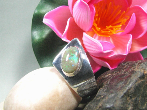 Sterling Silver Opal Ring - Handmade Ring Bezel Setting Australian Opal Ring - Zdjęcie 1 z 12