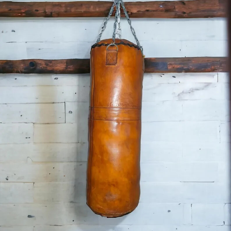 Vintage Handmade Cowhide Leather Punching Bag Heavy Duty Retro Boxing Gym Bag