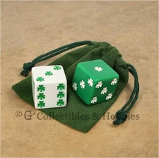 NEW 2 Lucky Shamrock Dice & Bag 25mm 1 inch Jumbo D6 Green & White Pair