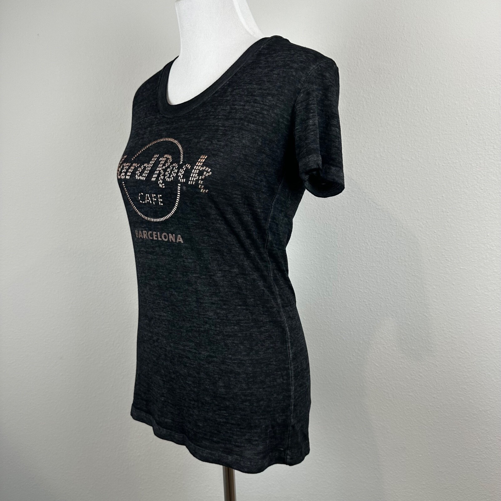 Hard Rock Cafe Barcelona Embellished, Black, Burn Out T Shirt Size Medium image 5