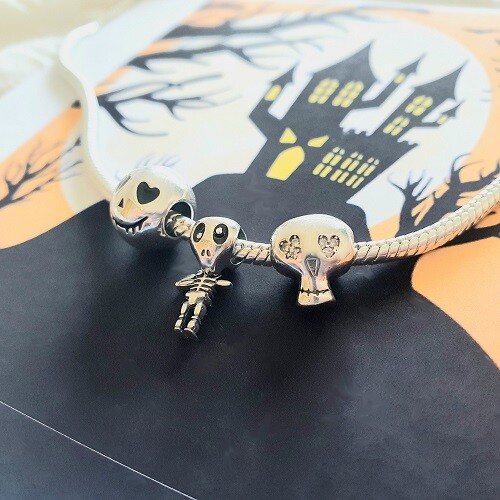 Halloween Skull Skeleton Charm S925 Sterling Silver Charm Bead Bracelet Jewelry - Bild 3 von 12