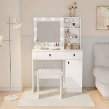 Vanity Desk Makeup Table Set Dressing Table with 8 LED Lighted Mirror & 2 Drawer