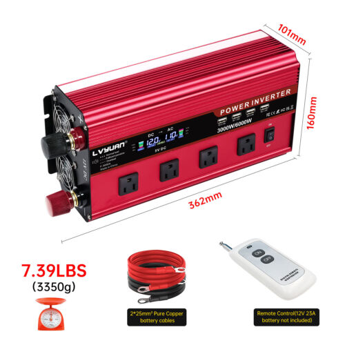 3000W rated Power Inverter DC 12V to AC 110V 120V Converter Car Camp 4*USB - Picture 15 of 15